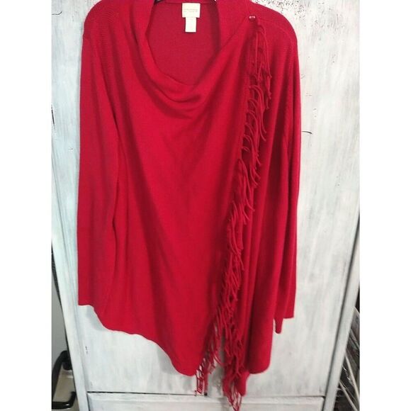 Chico's Boho Fringed Cowl Neck Long Sleeve Top Size 2 Red - Picture 2 of 10